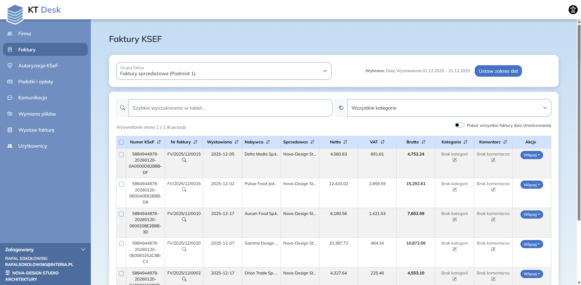 Lista faktur - filtrowanie i wyszukiwanie